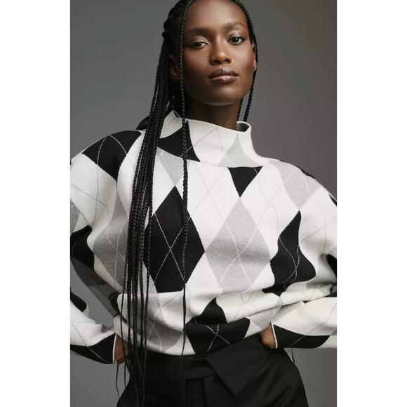 Anthropologie MAEVE Carys Mock Neck Argyle Diamond Pullover Knit Sweater Grey S - Picture 3 of 16